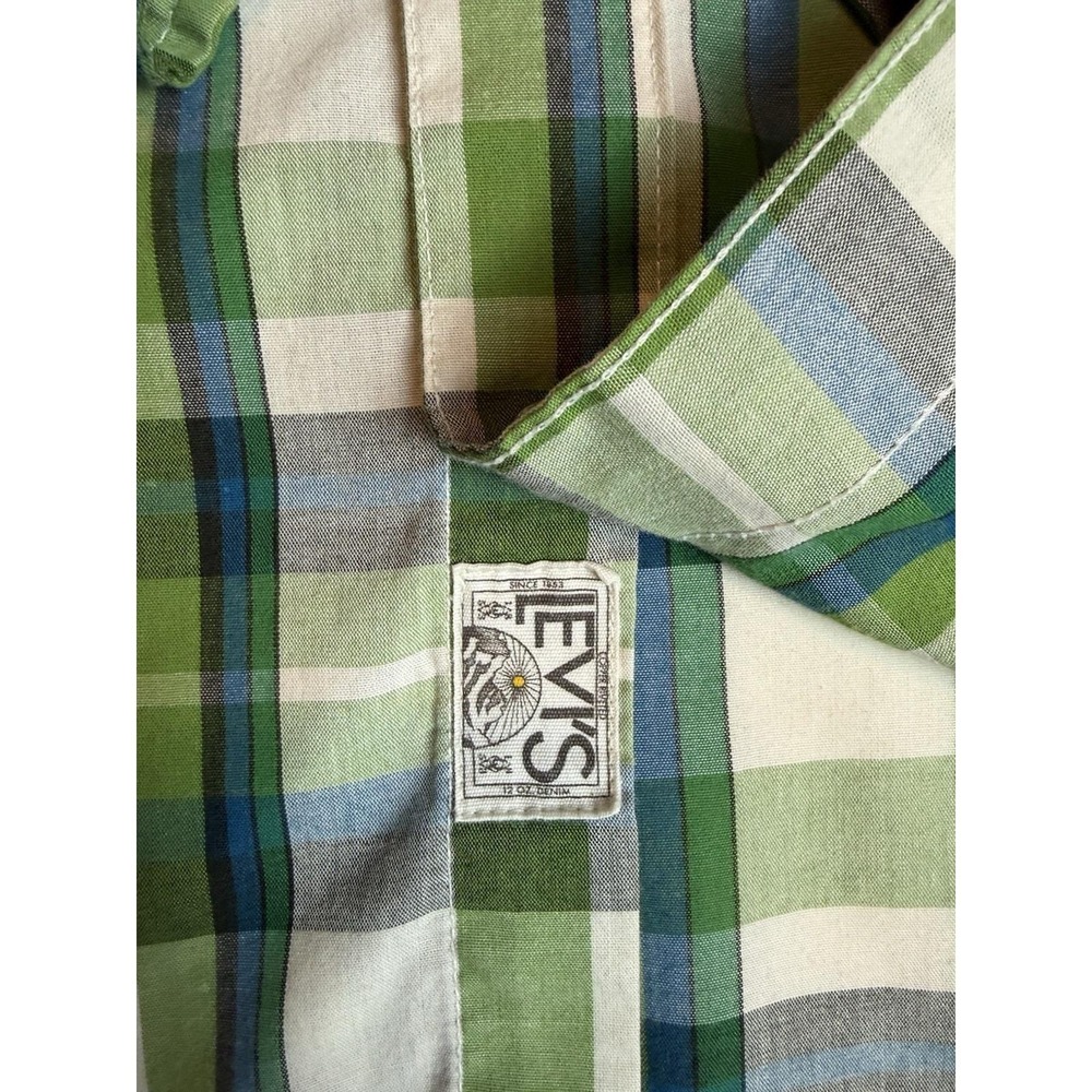 Levis Green Plaid Pearl Snap Button Up Long Sleeve Vintage Style Mens Shirt Sz M - Picture 8 of 9